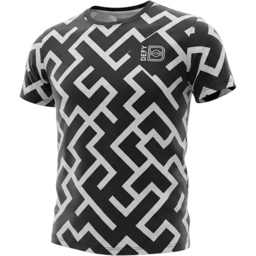 Defy Mens Athletic Jersey Shirt Black White Geometric Maze Pattern Size M